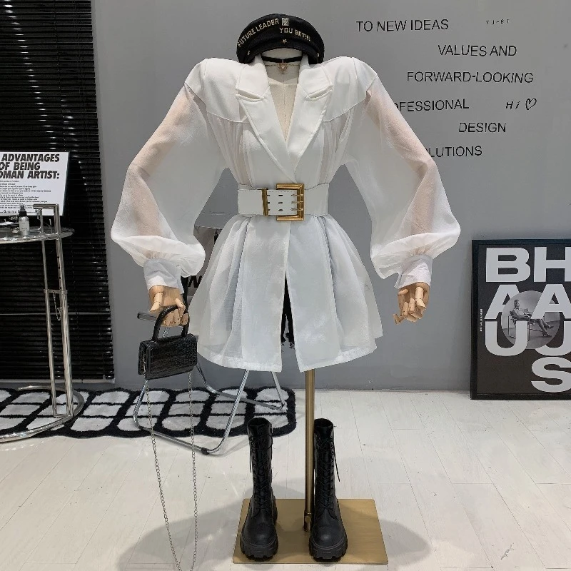 

See Through Mesh Patchwork Blouses 2025 Spring Autumn New White Shirt Women Fashion Slim Waist Long Sleeve Blusas Mujer