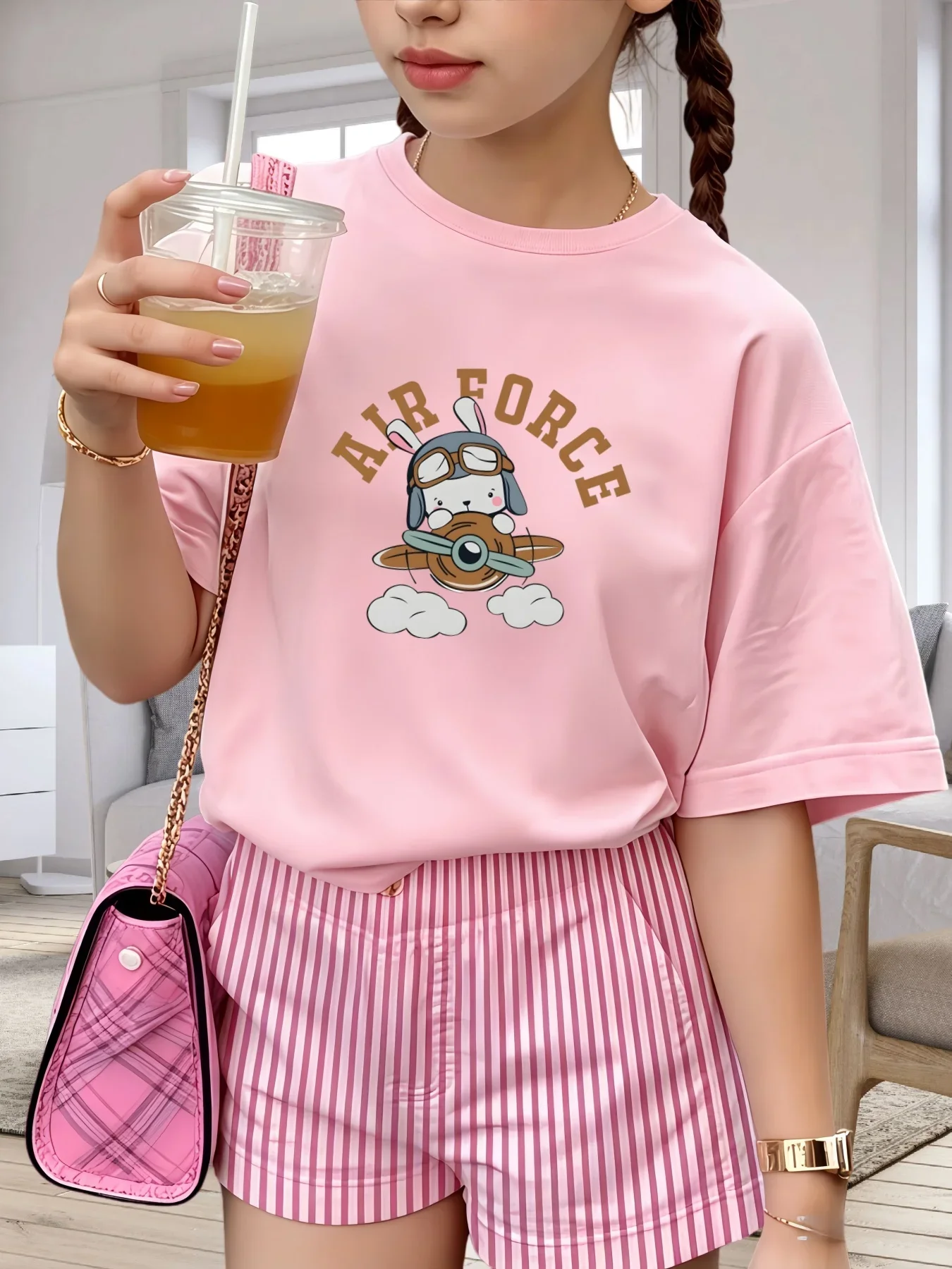 Air Force Pilot Rabbit Airplane Cloud Print Kids T-shirt Soft Cotton O-Neck Short Sleeve Unisex Boys Girls Summer Casual Tops