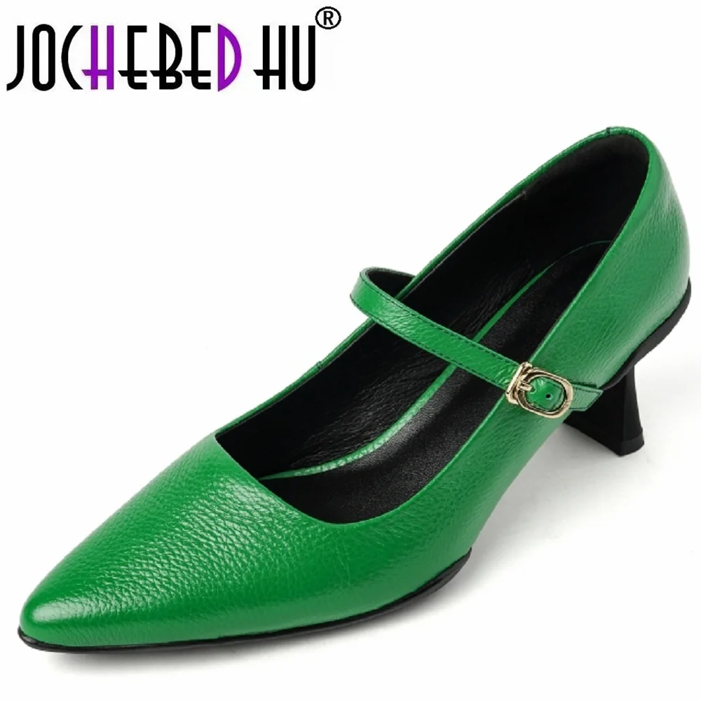 

【JOCHEBED HU】New Handmade Mid Heels Women Shoes Fashion Sexy Cow Leather Party Summer Pointed Toe Mary Jane Shoes Dress 34-40
