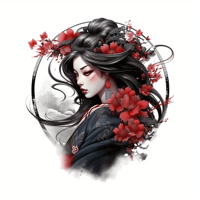 5.1 Inch Japanese Anime Geisha Sakura Round Car Sticker Scratch-Proof Waterproof Durable Vinyl for SUV RV Motorcycle Semi