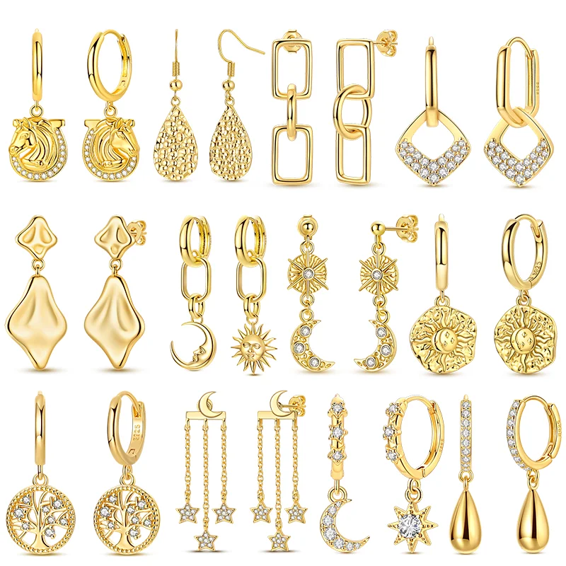 925 Silber Gold Ohrringe Funkelnde Sonne Mond Sterne Pferd Lebensbaum Tropfenohrringe für Frauen Mädchen Jubiläum Hochzeit Schmuck Geschenk