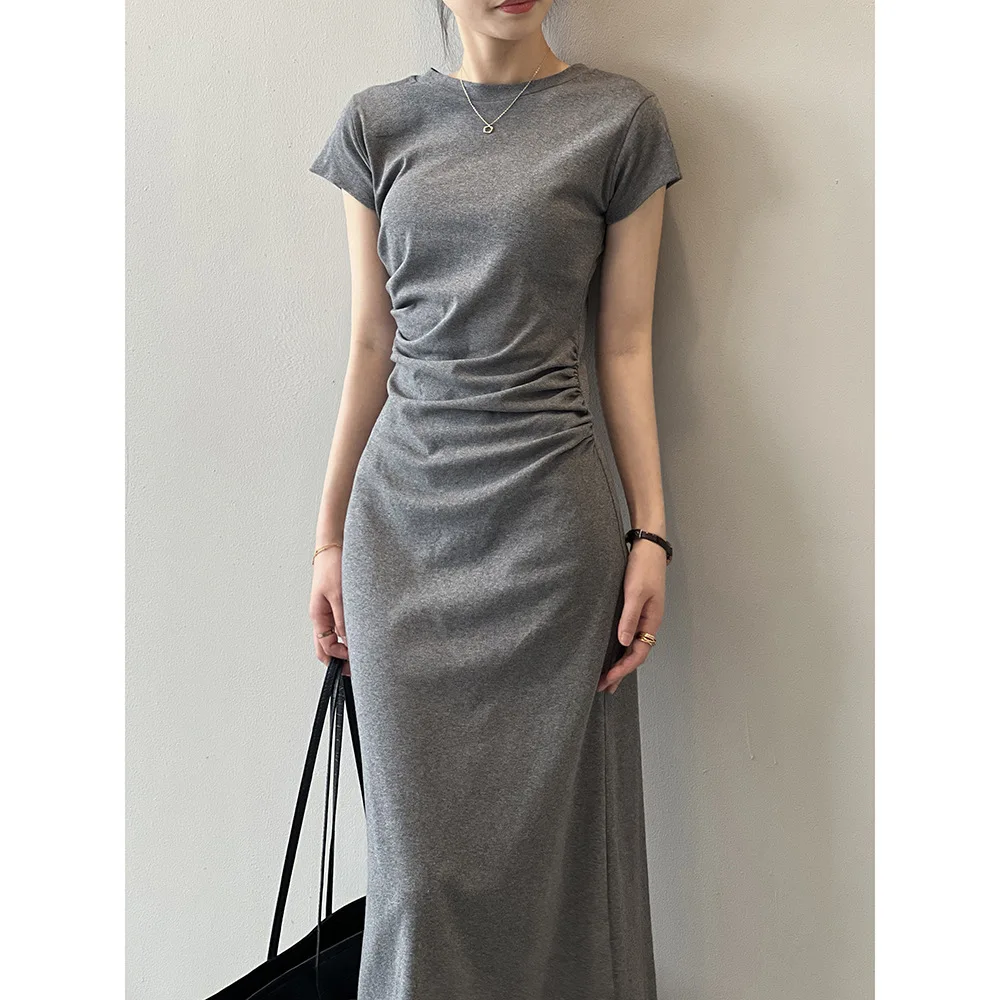 الصيف Bodycon فستان أنثى عادية مطوي سليم كم قصير س الرقبة فستان تي شيرت كوريا شيك خمر فستان سيدة