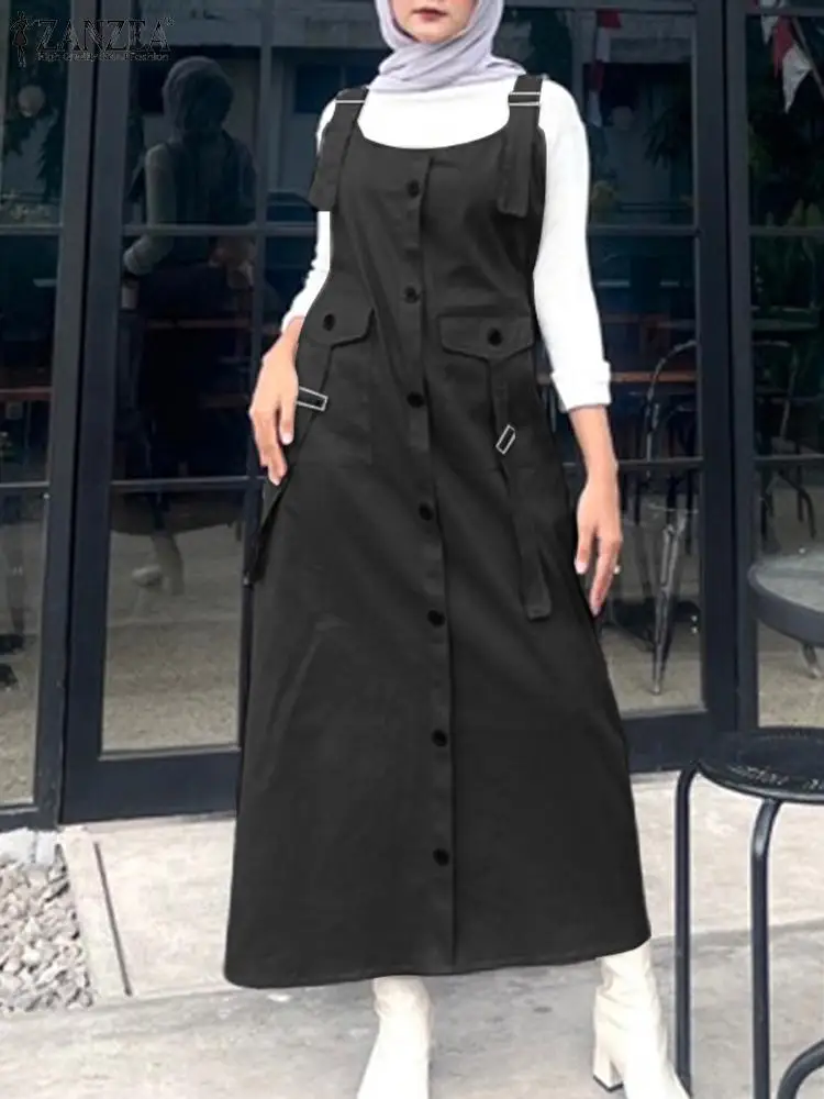 2024 ZANZEA Elegant Overalls Dress Muslim Hijab Sundress Women Vintage Sleeveless Strap Vestidos Buttons Down Work Holiday Robes