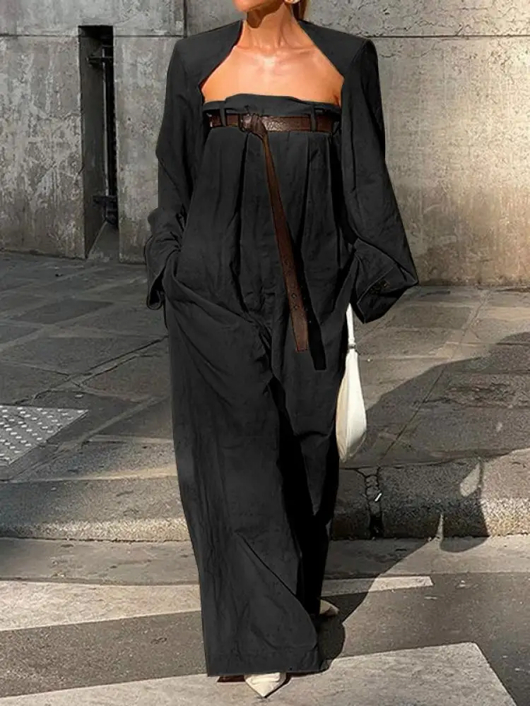 Uoozee Female Stylish Long Sleeves Collarless Outerwear Top + Belted Wide Leg Jumpsuits High Street Two Pieces Sets 2024 New