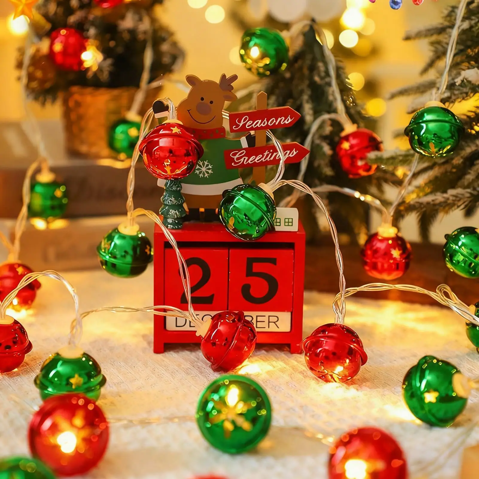 عيد الميلاد الأحمر الأخضر أجراس سلسلة أضواء معلقة جارلاند مصباح للزينة بطارية تعمل بالطاقة للمنزل غرفة نوم الموقد ديكور #5