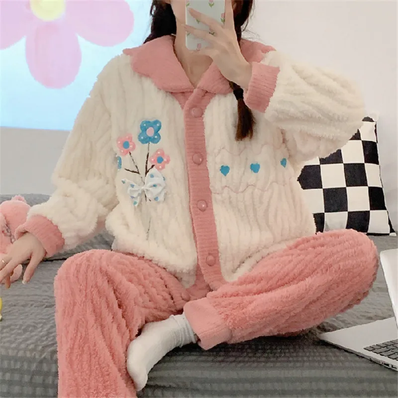 Disney Cartoon Mickey Girl Plush Cardigan Autumn Winter Sweet Cute Long Sleeved Pajama Suit Doll Collar Clothes 2pcs Set Pajamas