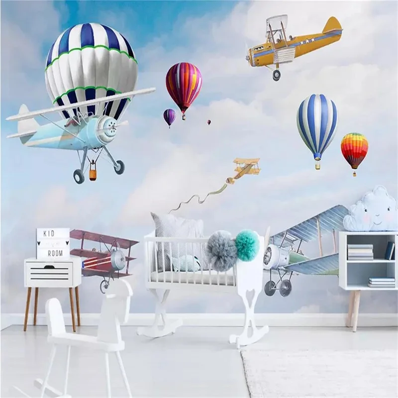 

Custom photo wallpaper 3D Nordic minimalist hand drawn cartoon airplane balloon children room cartoon hot air balloon wallpaper