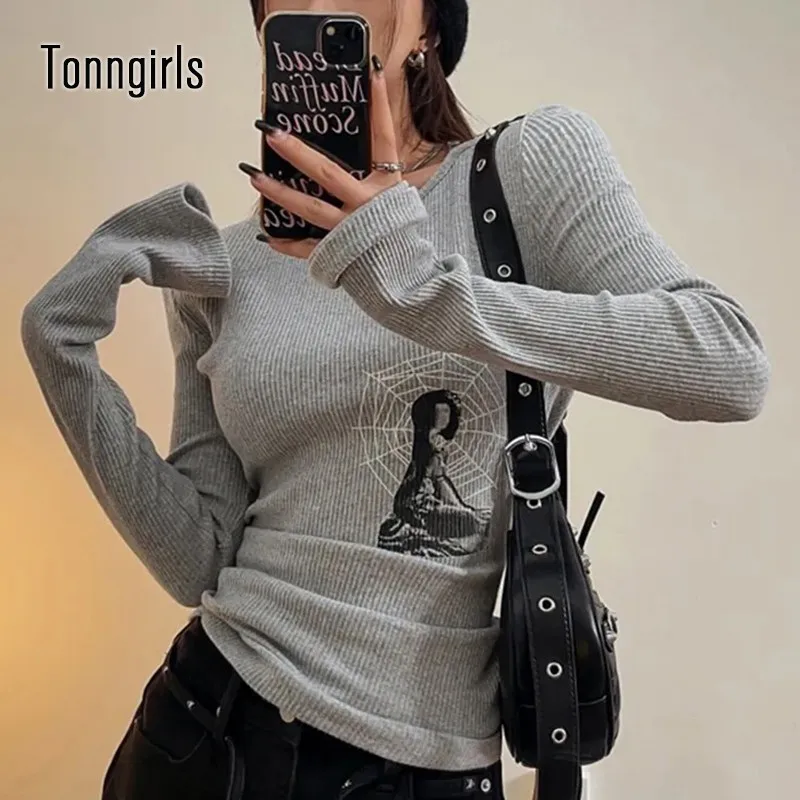 Tonngirls Grunge Aesthetic T Shirt Women Elastic Skinny Tops Y2k Vintage Crop Tops Print Graphic T Shirts American Retro Tshirts