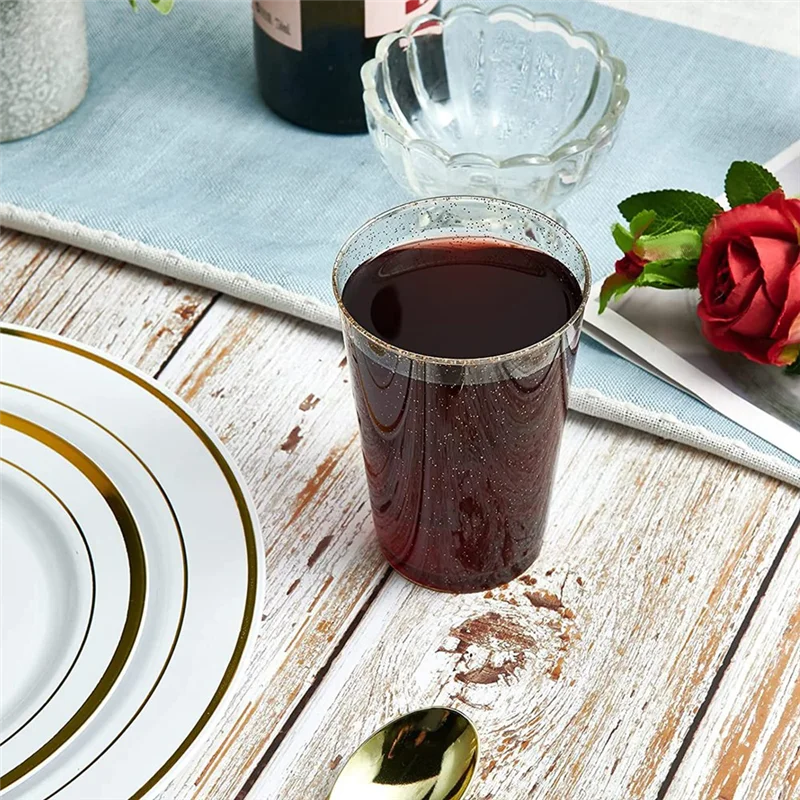 

RANA 50PCS Gold Glitter Plastic Wine Cups Clear Cups Reusable Drinking Party For Cocktail Martini