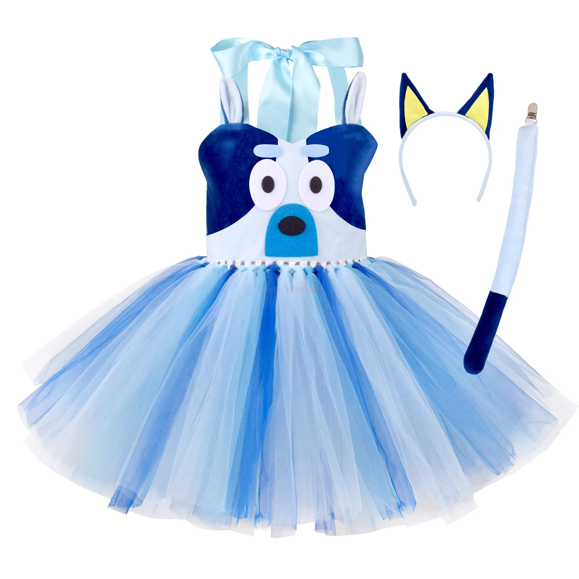 Moose 80-150cm Anime Bluey Mesh Princess Dress Cute Girl Birthday Party Dress Cosplay Suit Stage Performance Bingo Dog Girl Gift