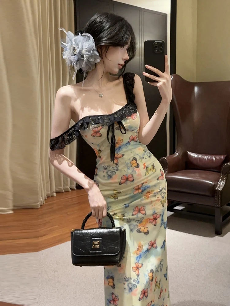 

Сексуальное праздничное платье на одно плечо с глубоким вырезом, длинная кружевная юбка с цветочным принтом, милая летняя юбка с высокой талией и запахом