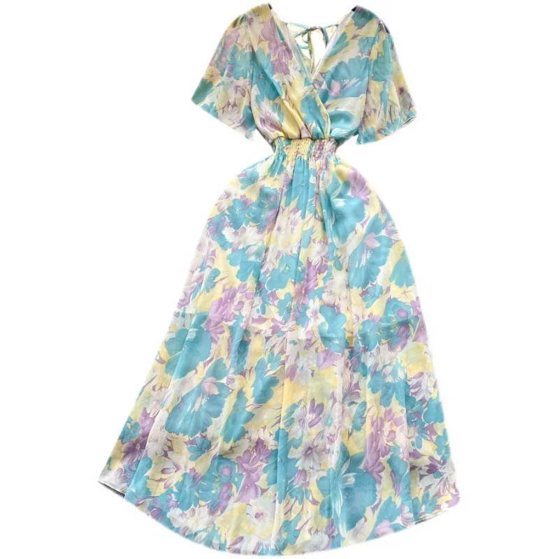 2025 Nieuwe Vintage Vrouwen Franse Jurk Casual Zomer Elegant Olieverfschilderij Gedrukt Lange Jurken Vrouw Hoge Taille Chiffon Strandjurk