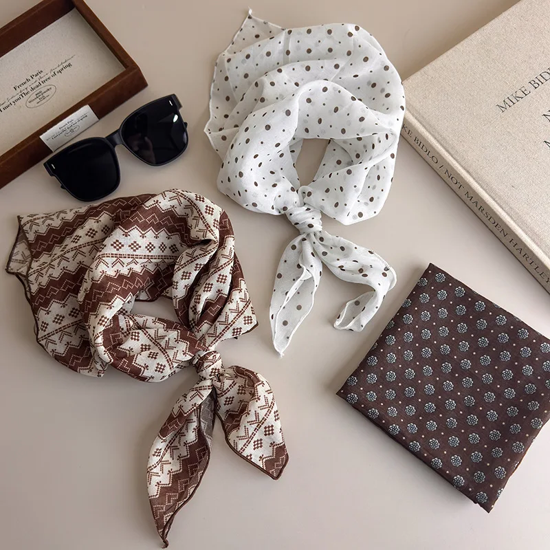 

Hair Scarf Vintage Brown Polka Dot Floral Print Square Headscarf Hairbands Bandana Headbands for Women Girl Hair Accessories 1pc