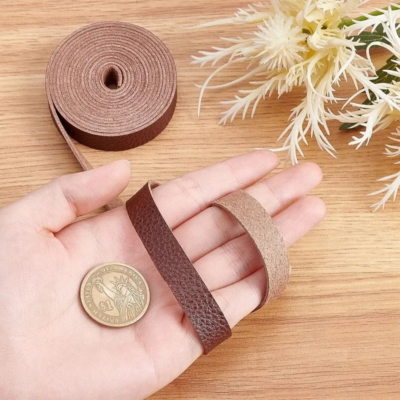 1Roll Brown Leather Strap Strip 0.5 Inch Wide 79 Inch Long Lychee Pattern Leather Belt Strips Wrap Single Sided Flat Cord