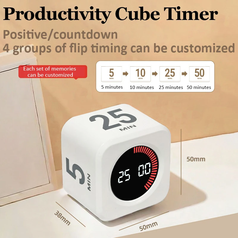 Visual Timer Productivity Cube Timer Gravity Sensor LED Display 4 Preset Time Kids Time Management Kitchen Countdown Timer