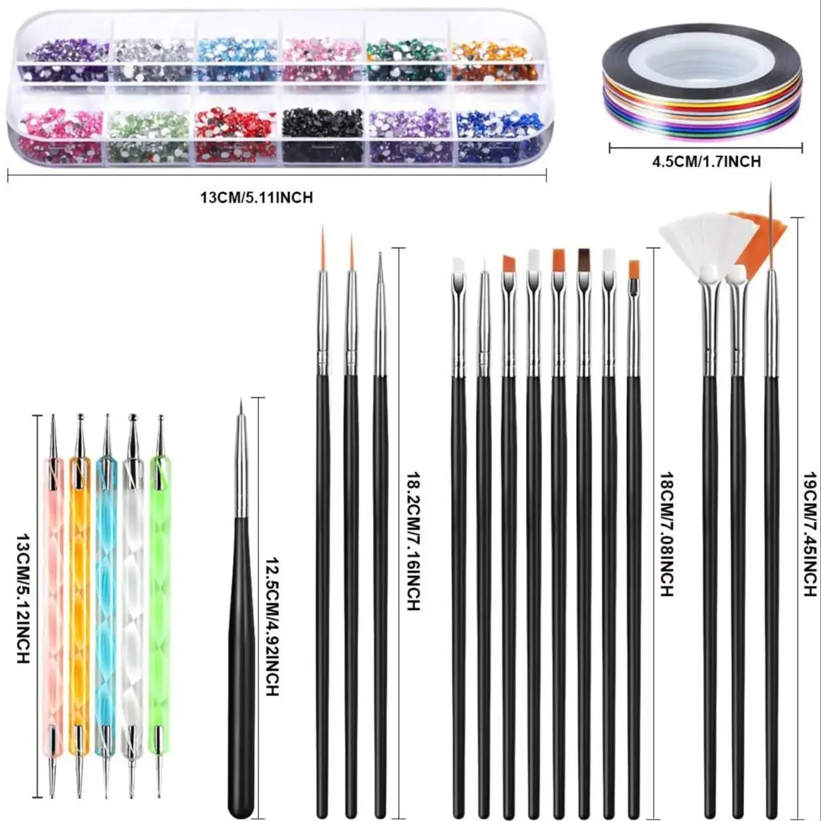 34 piece brush, rhinestone, gold and silver thread set with diverse styles suitable for home/nail salon use