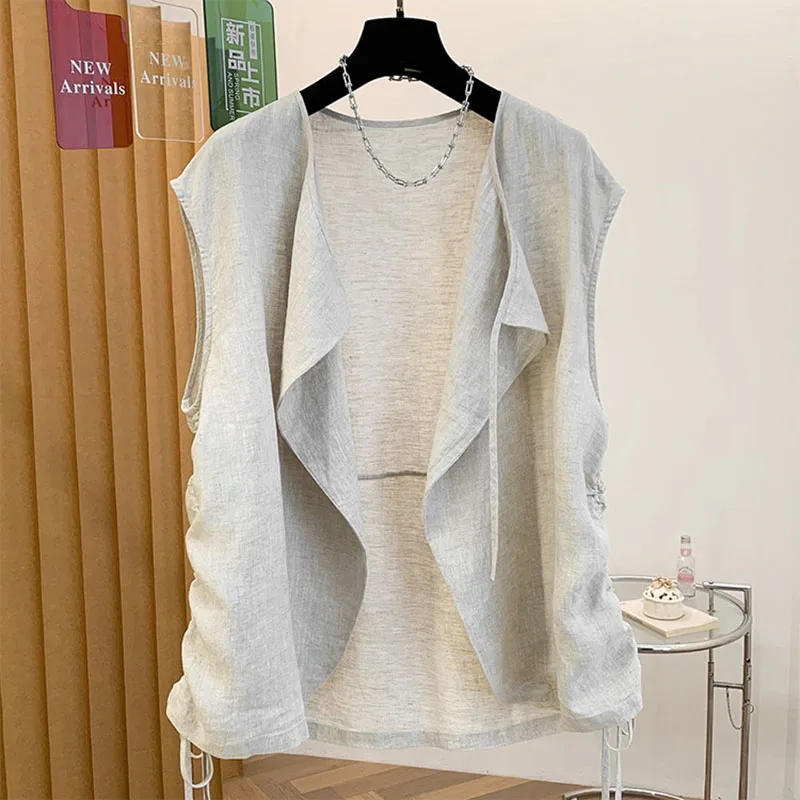 Cotton Linen Vest Women 2026 New Summer Wear Sleeveless Cardigan With Side Swing Drawstring Breathable Linen Top