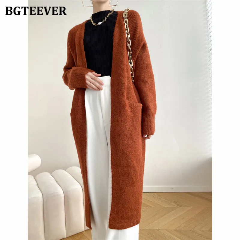 

BGTEEVER Elegant V-neck Thicken Warm Ladies Sweaters Cardigans Autumn Winter Long Sleeve Pockets Female Knitted Overcoats