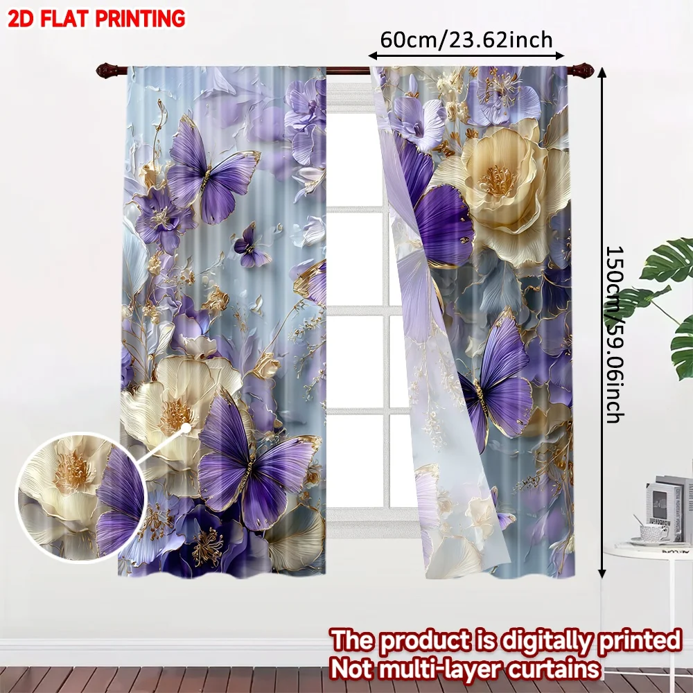 2pcs Purple Butterfly Floral Curtains,Elegant White Blossoms with Gold Outline on Light Blue Background for Dreamy Bedroom Decor
