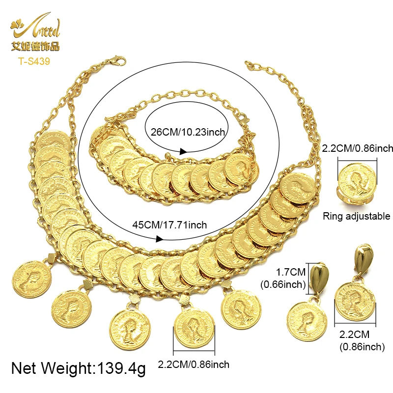 ANIID African 24K Plated Gold Coins Necklace Bracelet Jewelry Set Ethiopian Luxury Wedding Gift Hawaii Arab Necklace Choker Sets