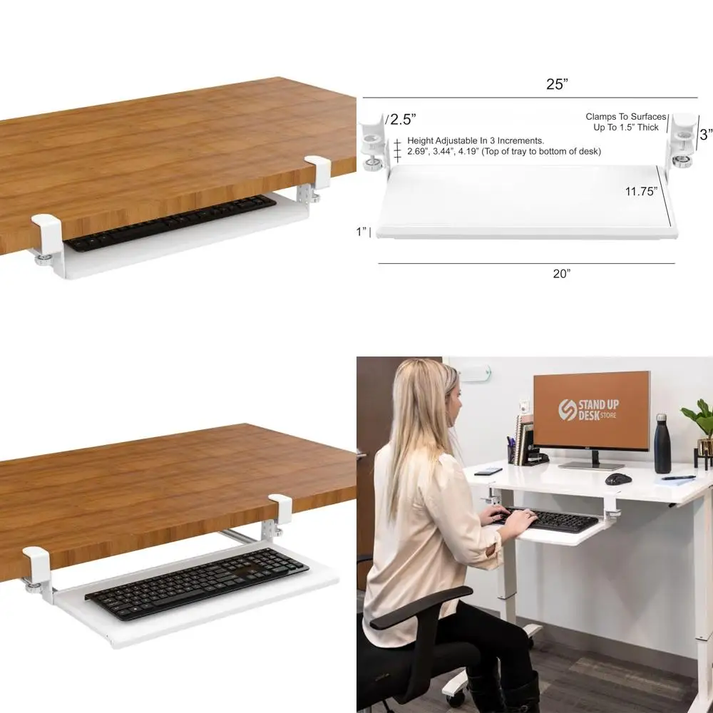 

Compact Adjustable Retractable Keyboard Tray for Desks, Enhances Comfort and Space, Fits Desks Up to 1.5 Thick, 24.5 x 11.5 (Whi