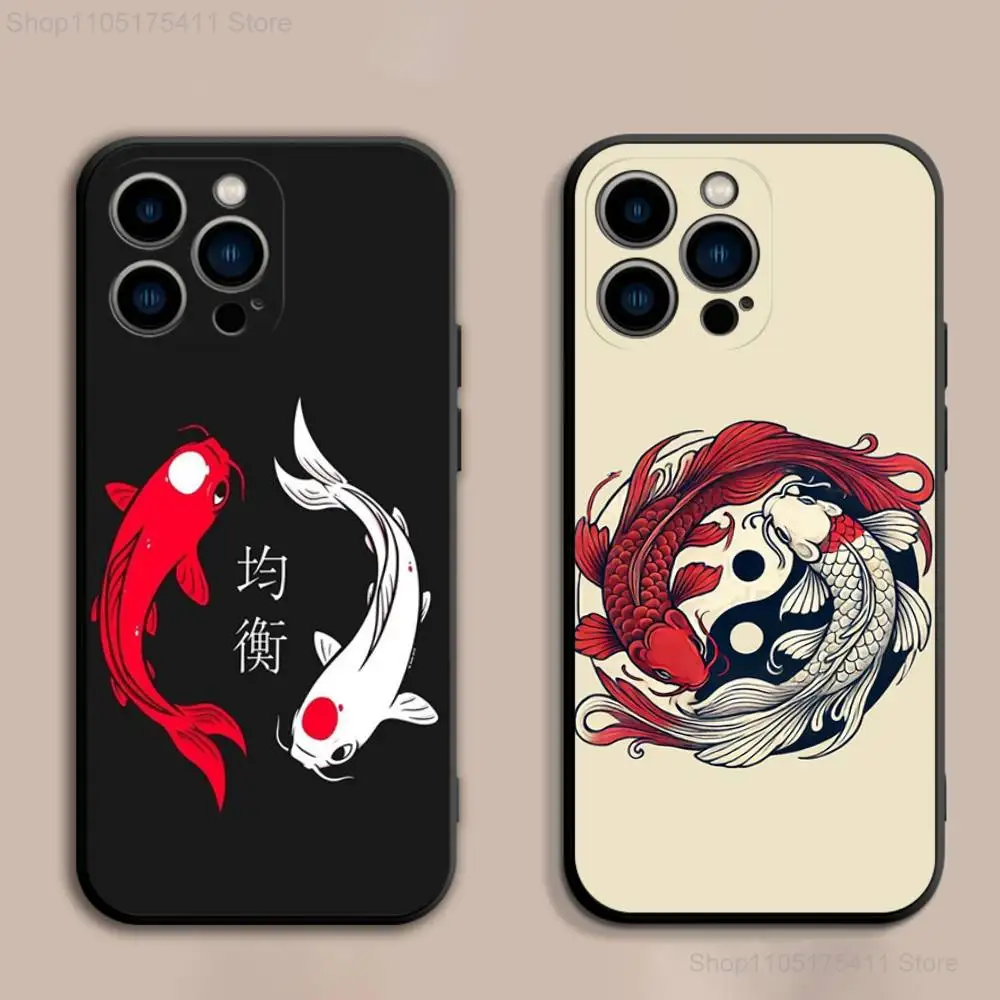 Koi Carp FishS Yin Yang Art Phone Case For iPhone 17,16,15,14,13,12,Pro,Max,Plus,E,SE4,Air,Mini Black Soft Cover