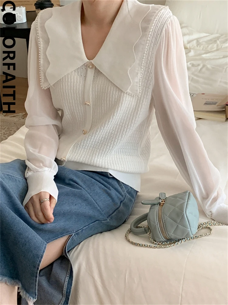 Colorfaith BL5184DG New 2023 Vintage Double-layer Oversized Elegant Lady Wild Knitting Women Spring Summer Blouses Shirts Tops