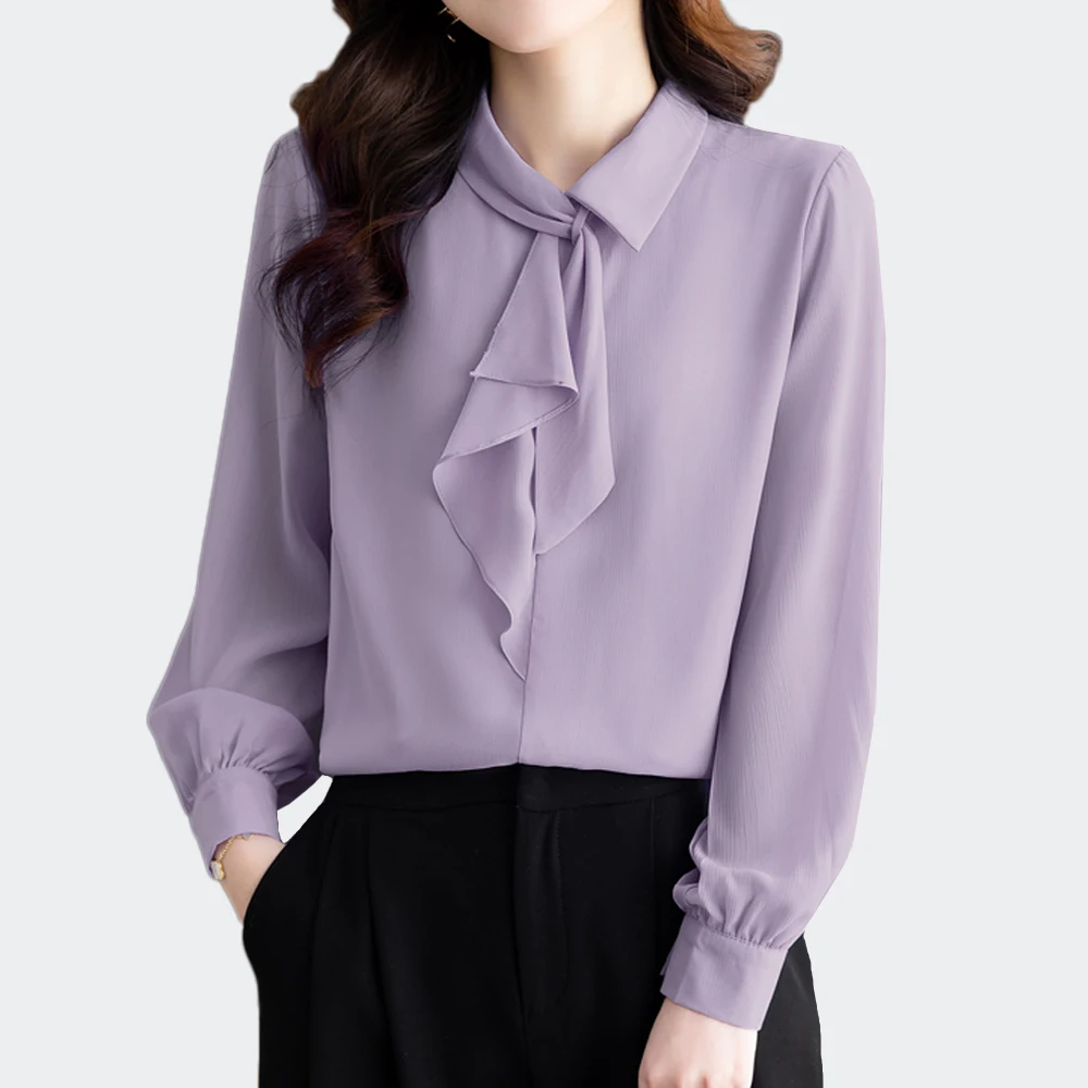 Spring Autumn Elegant Fashion Scarf Collar Shirt Ladies Long Sleeve Solid Color Simple  Korean OL Style Tops Women Casual Blouse