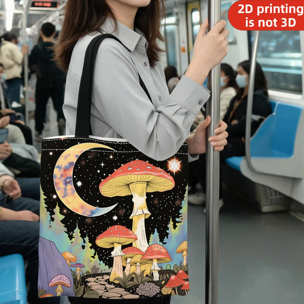 1Pc 2D Printing Handbag Fantasy Mushroom Moon Star Print Tote Bag For Subway Commute Shopping Travel Daily Use