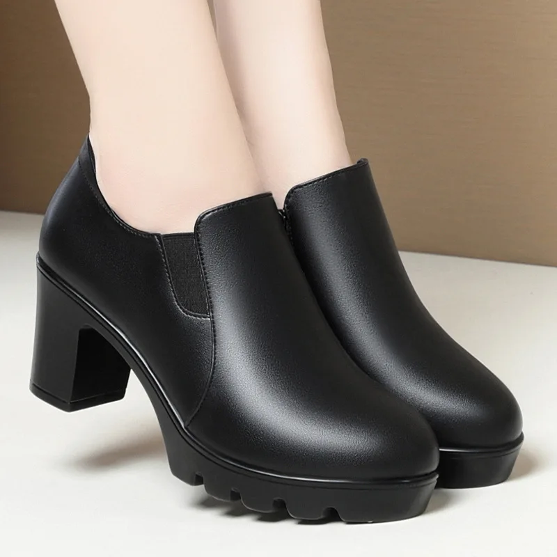 

High heels women's thick soled single shoes 2025 spring and autumn leather shoes round toe thick heel fashionable women's shoes
