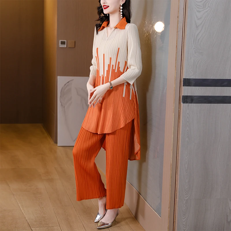 Miyake Pleated Shirt Top Pants Set 2023 New Fashionable Polo Neck Loose Size Fashion Slim Robe Two Piece Set