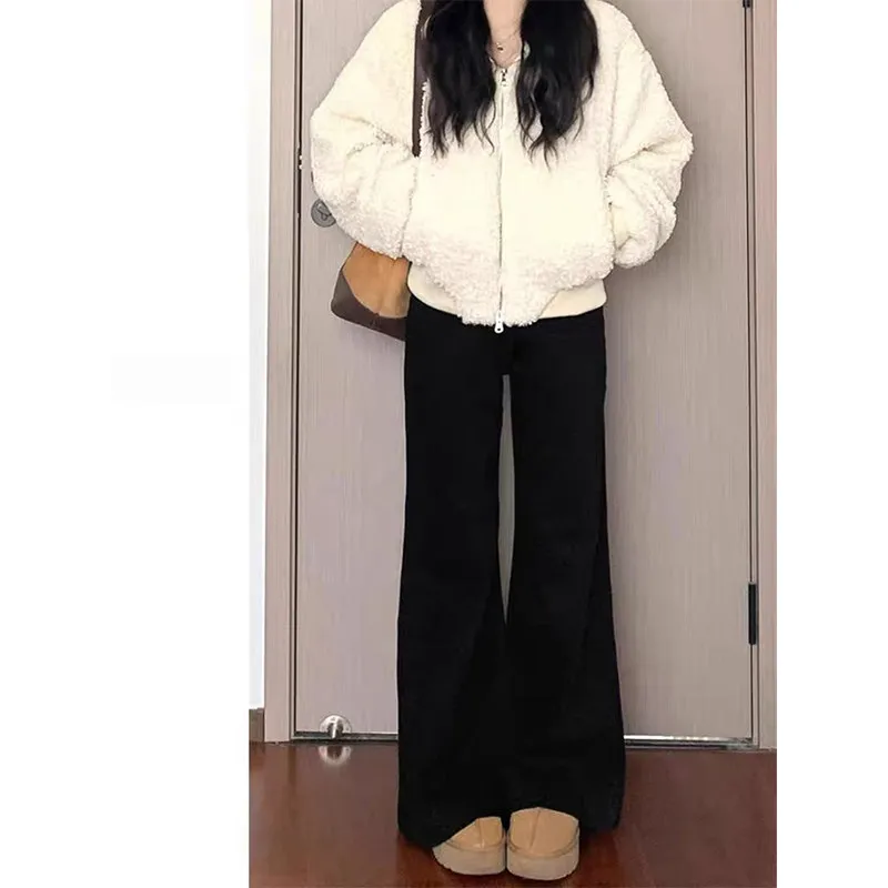 

plus Size Flared Jeans Micro Flare Fleece Lined Thickened Loose Slim Wide Leg Floor Length Pants High Waist Casual Cotton