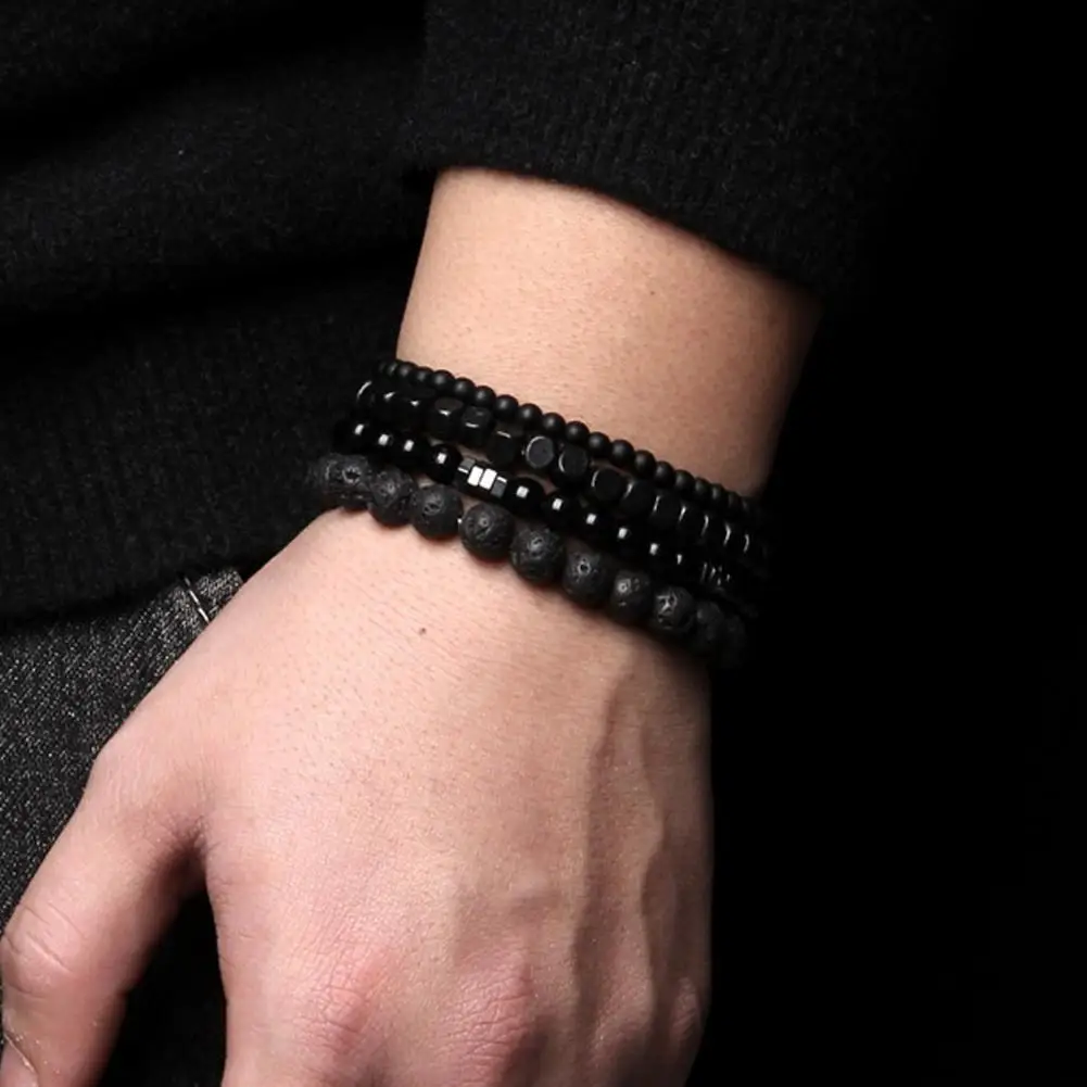 Stretch Bracelet Men's Natural Stone Black Bracelet Set Adjustable Multi-layered Wrist Jewelry for Adults Elastic Rope Stackable