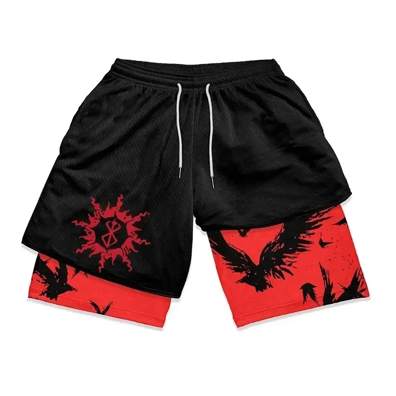 Anime berserk 2 em 1 calções de ginástica para homens shorts de compressão atlética ativa 5 Polegada secagem rápida elástico treinamento fitness