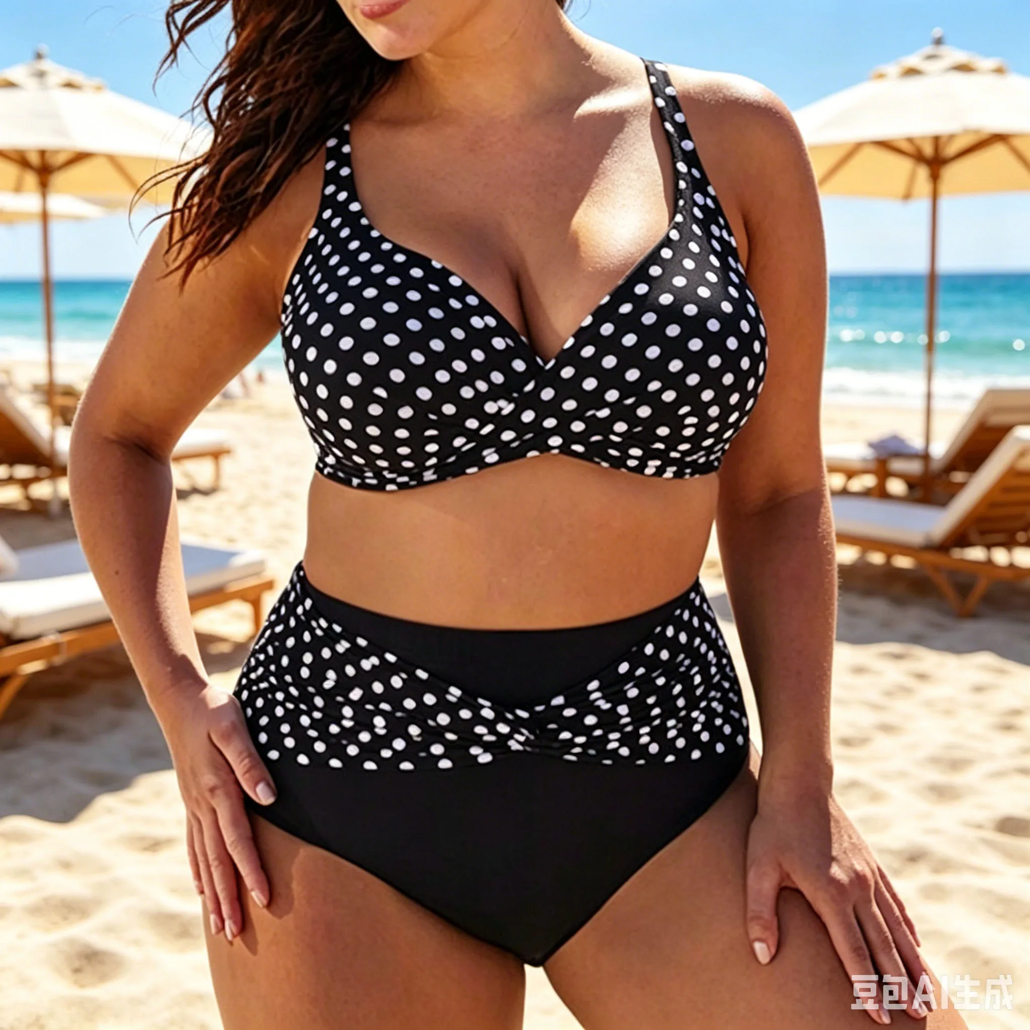Plus Size Polka Dot Two Piece Bikini High Waist Push Up Swimsuit Women Beach Pool Vacation Swimwear Summer Party Bathing Suit