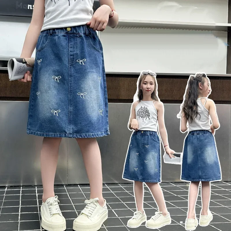 Summer Children vintage Denim Skirt for Teen Girl Fashion Skirts with Bow Knot Embroidery For Kids Teenager New Arrival Age 4-14