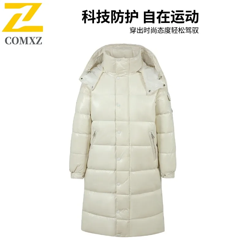 COMXZ 2025 Men Long Glossy Leather lightweight windbreaker  Winter New Youth Thickened Cold Proof Thermal outdoor Hooded Coat