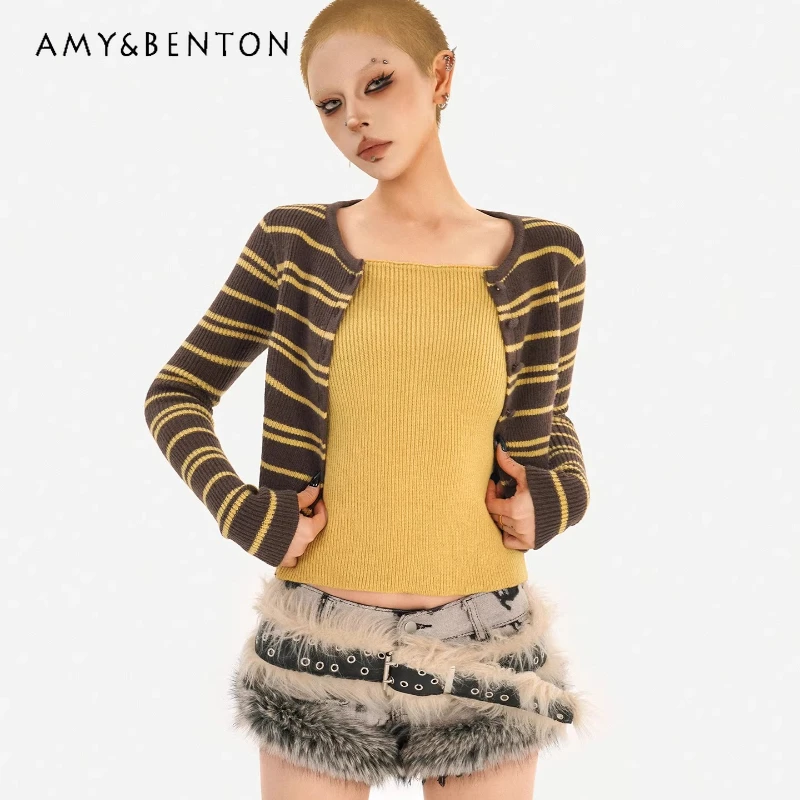 

2026 Spring New Punk Retro Design Striped Knitted Women's Cardigan Slimming Round Neck Versatile Fake Two-Piece Sweater Ladies