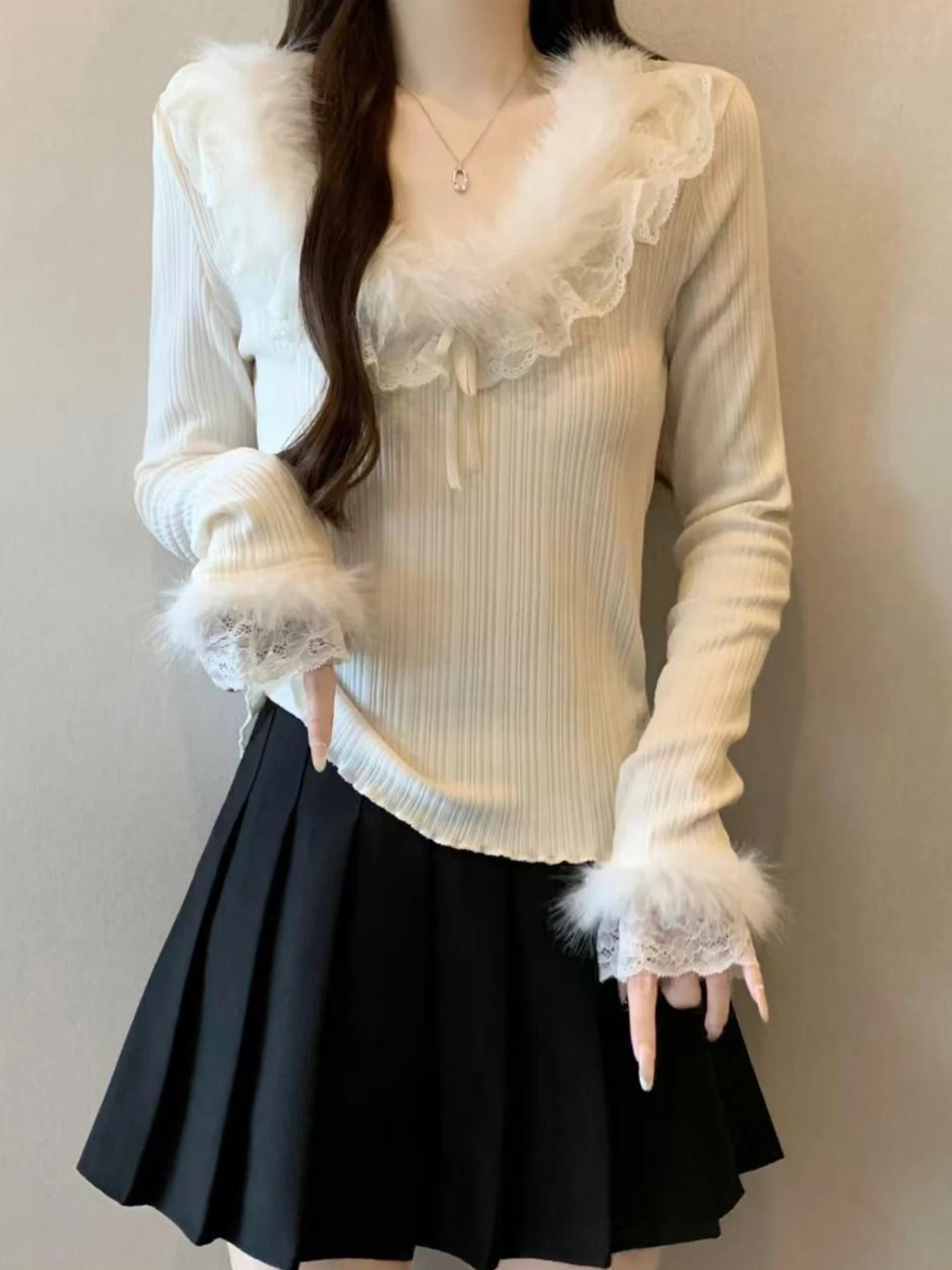 

Женский теплый свитер больших размеров с V-образным вырезом, корейский стиль, приталенный крой, с рюшами и кружевной отделкой, короткий рукав, для повседневной носки