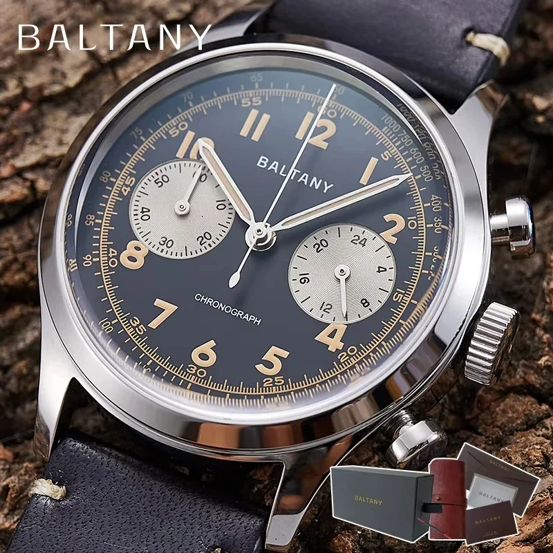 Baltany Retro Quartz Men\'s Multifunction Chronograph White Enamel Dial Leather Stainless Steel Waterproof Watch reloj hombre