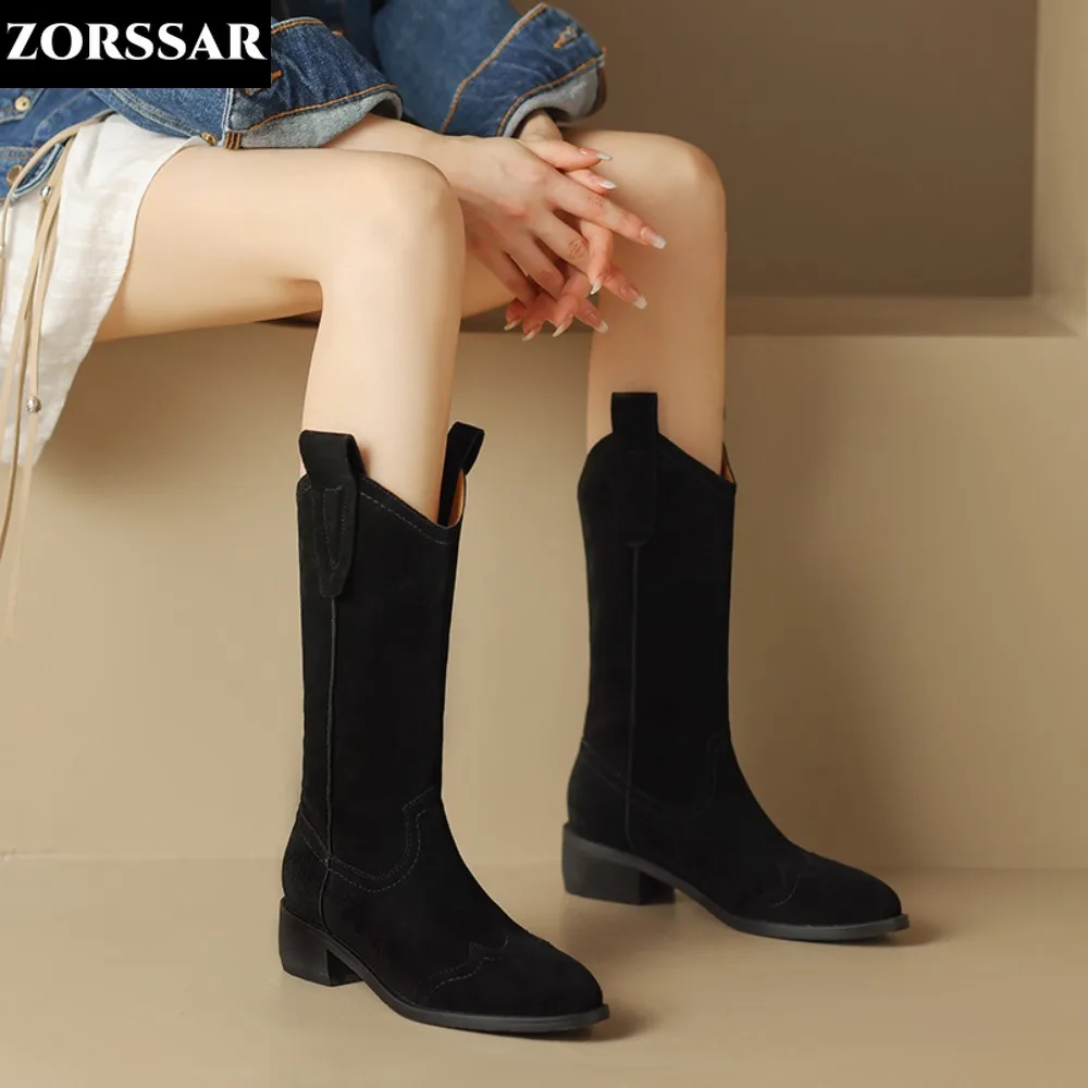 

Real Leather Women Cow Suede Boots Mid Calf High Pointed Toe Medium Heel Fashion Winter Warm Western Cowboy Boots Female Booties