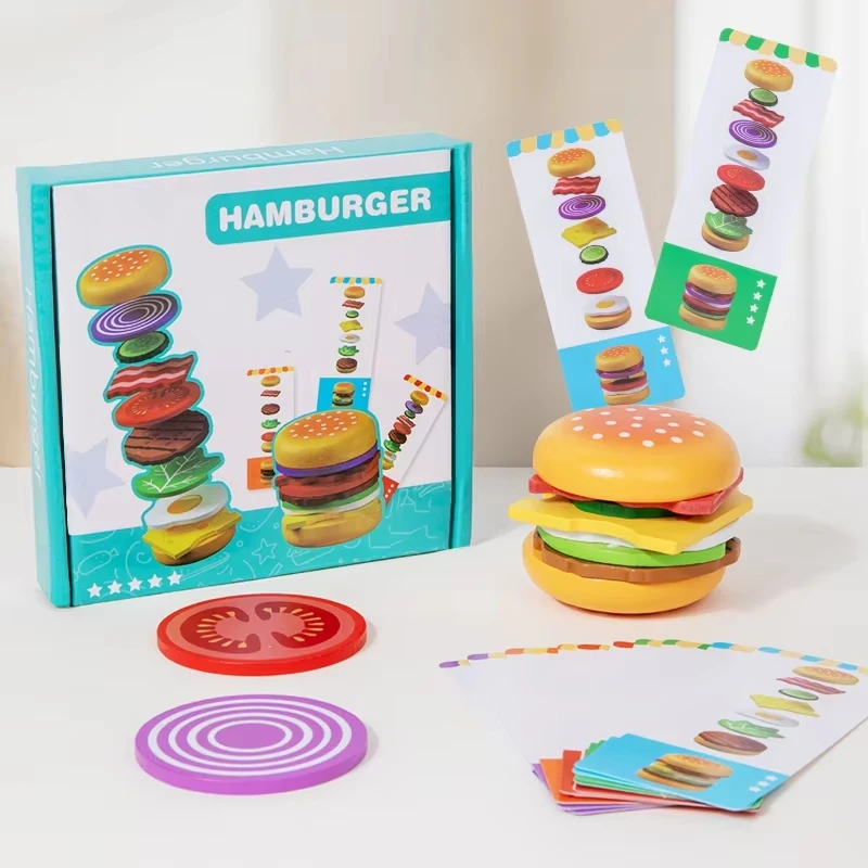 Montessori Wooden Hamburger Pretend Play Toy Educational Simulation Food Matching Stacking Game With Cards For Kids