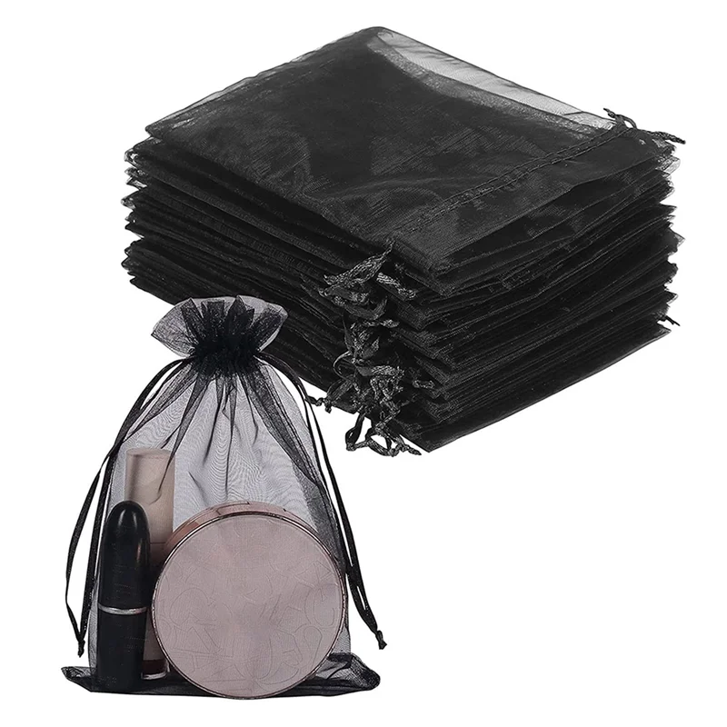 A07I 200 Uds bolsas de regalo de Organza negras 9X12cm, bolsas de recuerdo de boda de malla con cordón para joyería maquillaje dulces Baby Shower