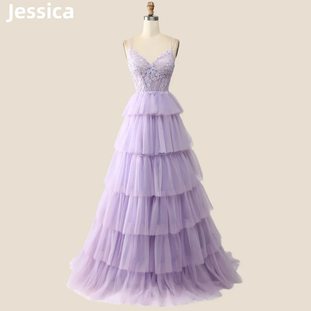 

Jessica Sweet Purple Prom Dress Embroidered Tulle Layered EveningDresses Vestidos De Fiesta Formal Occasions Wedding Party Dress