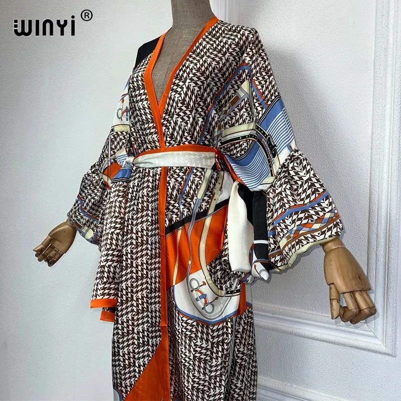 WINYI-Vestido de festa feminino com cinto automático, feriado elegante, cardigã de manga bolha, moda praia, roupa de banho para cobrir, moda estampada