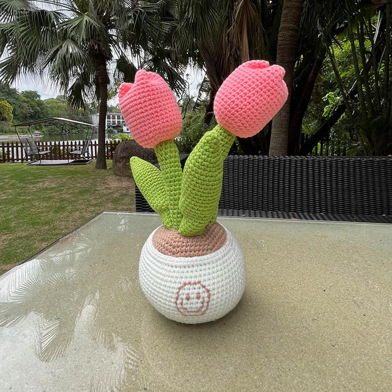 Crochet Tulip Bonsai,Artifical Flowrs,Pure Hand Woven Funny Gifts For Women,Boho Room Home Table Oranments,Office Desktop Decor