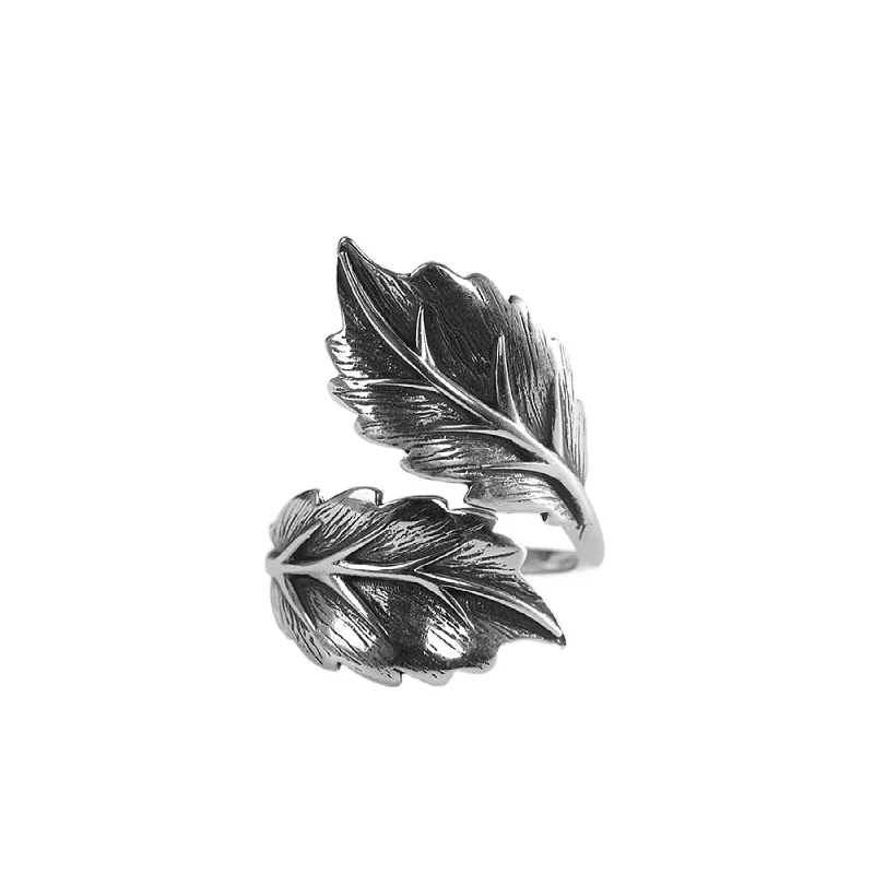 

Thai Silver Unusual Vivid Leaf Cross Rings for Women Exaggerated 26MM Long Ring 925 Sterling Silver Leaves Jewelry Ethnic Ring