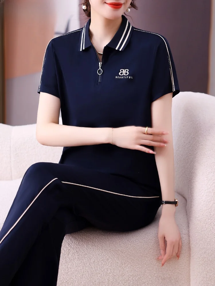 

Young Mom Casual Sportswear Set ort Sve T-irt Top for Middle-Aged And ly Women Summer Collection Loose Fit Long P...
