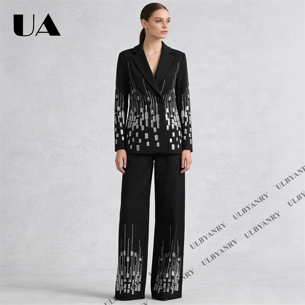 

Women’s Black Geometric Print Blazer & Wide Leg Pants Set Silver Sequin Detail Suit for Wedding Party Cocktail Evening