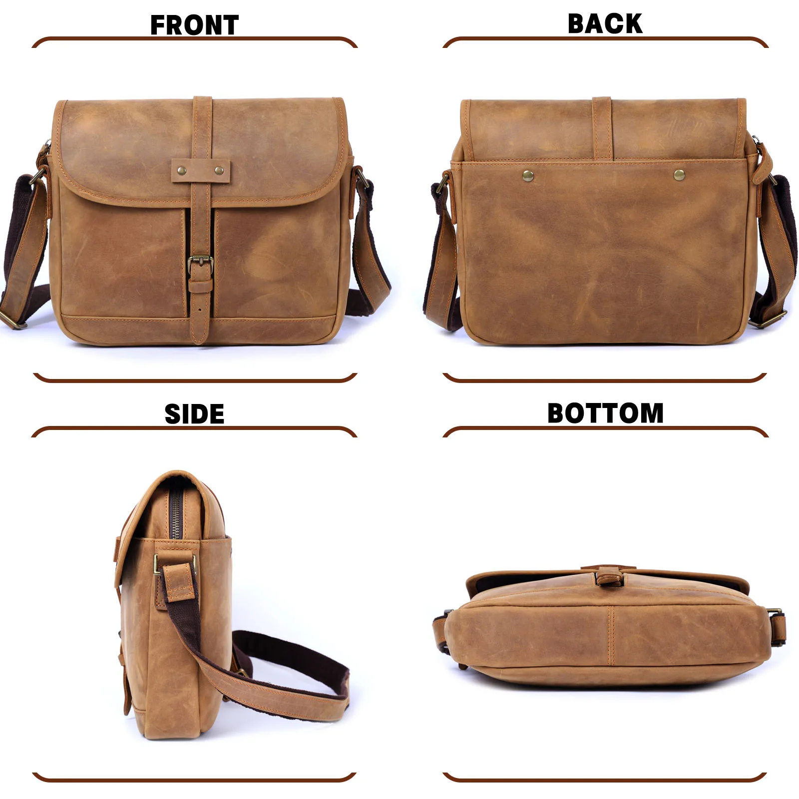 Echte Leder-Umhängetasche 11" Vintage Herren-Umhängetaschen Crazy Horse Leder Schultertasche Rindsleder Retro Mode Casual Pre – Detail 7